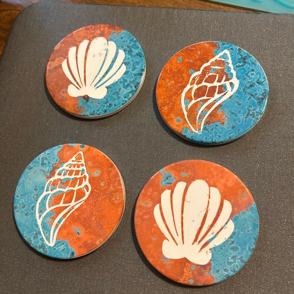 Seashell ceramic Coasters Set of 4 Blue orange‎ New